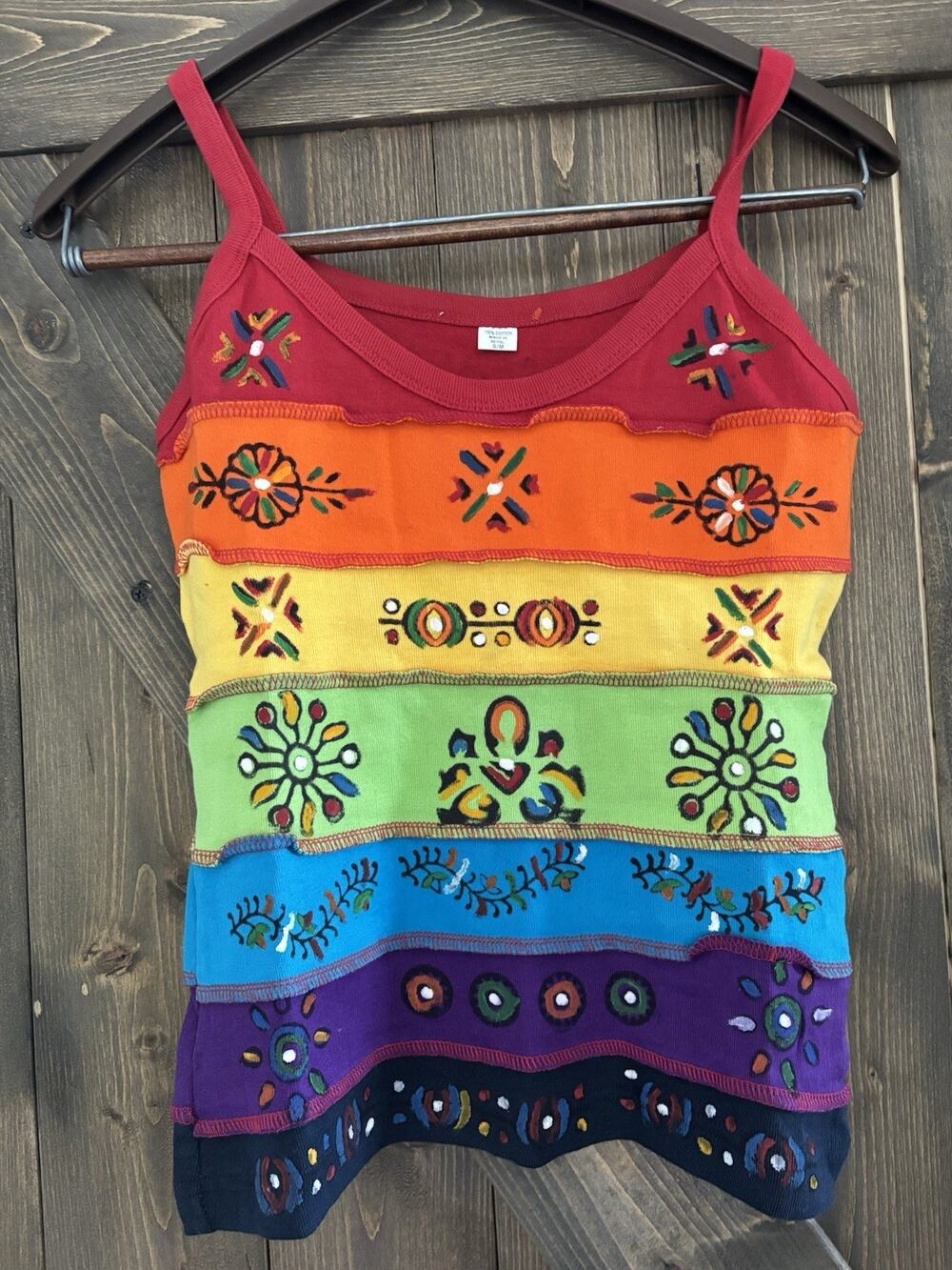 Handmade Nepal Rainbow Patchwork Cotton Tank Top Boho Hippie Festival S/M